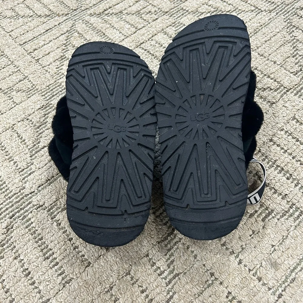 UGG Black Fluffy Slides with Logo Strap - Picture 6 of 10